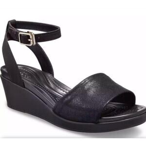 New Crocs Womens Leigh Ann Ankle Strap Wedge Blk Leather Sandal Size 8
